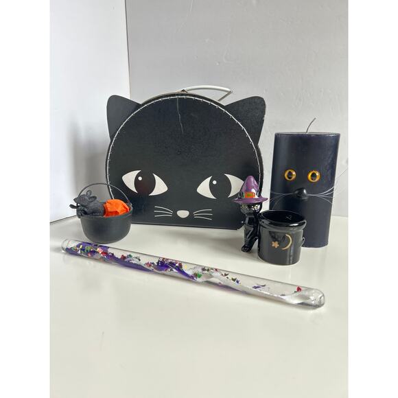 Halloween Lot Black Cat Box Candle Holder Cauldron Wand Spooky Decor - Picture 1 of 11